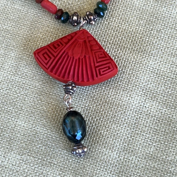 Handmade Artisan Pearl Necklace with Carved Fan Drop - Picture 7 of 8